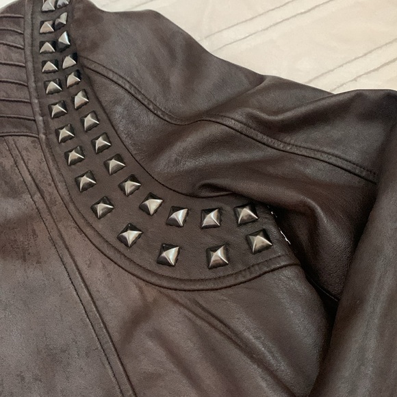 Faith Connexion Designer Men’s Brown Leather Studded Biker Bomber Jacket - Picture 5 of 13
